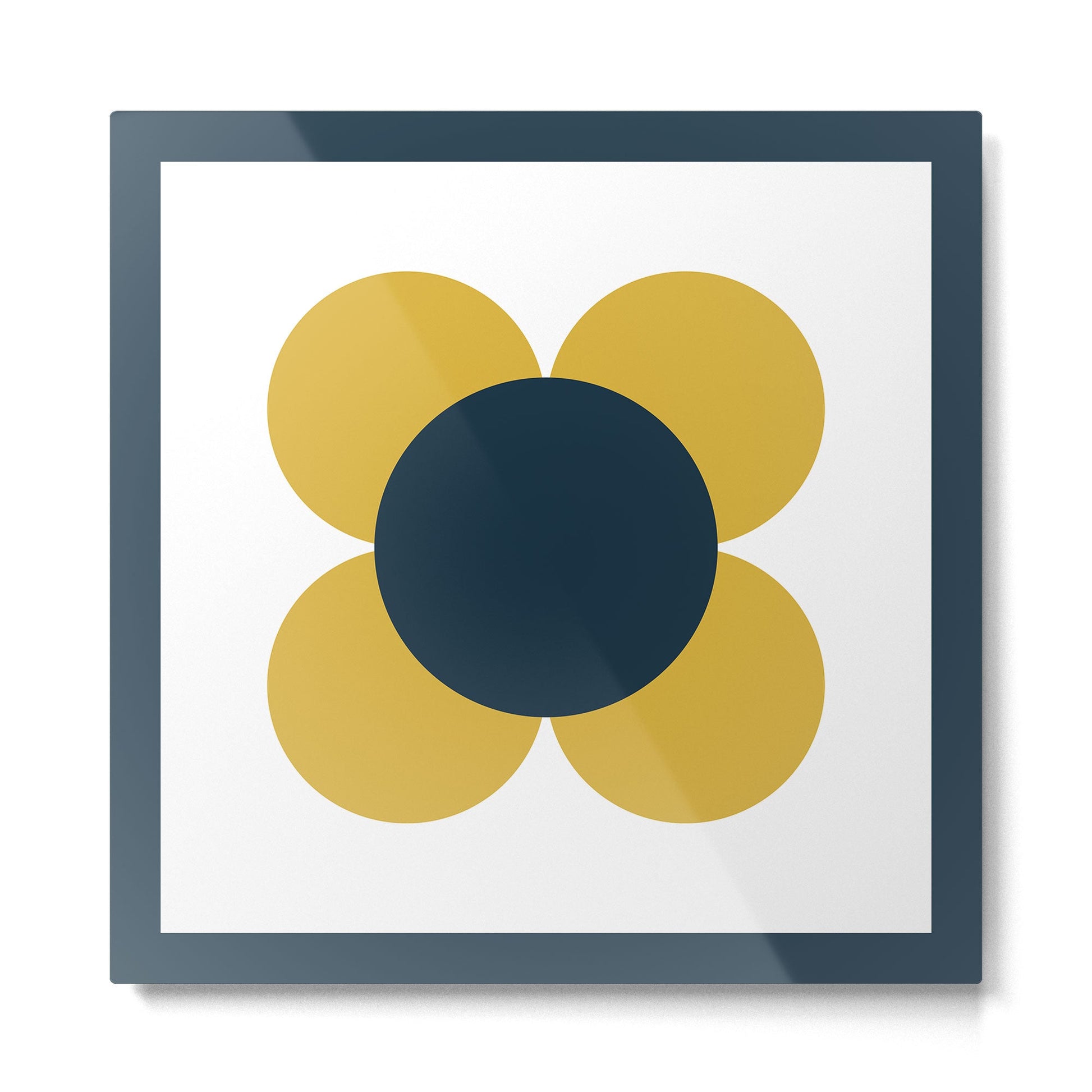 Scandi Flower Single - Retro Minimalist Floral Pattern in Light Mustard, Navy Blue, and White Metal Print