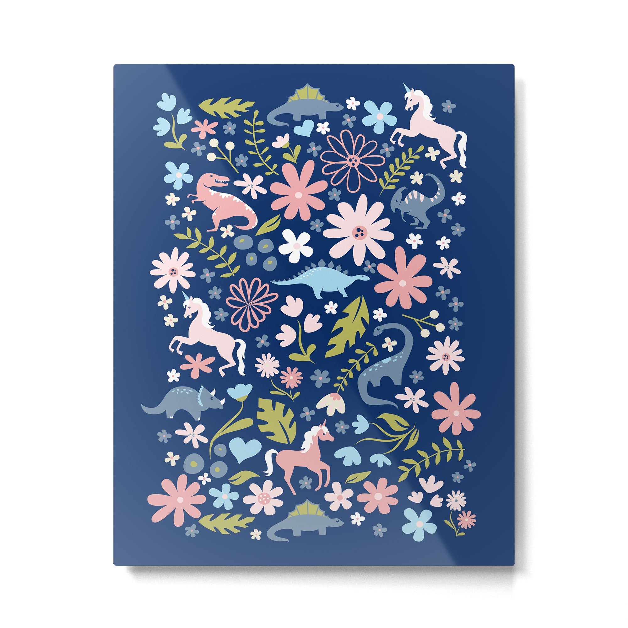 Dinosaur + Unicorn on Royal Blue Metal Print