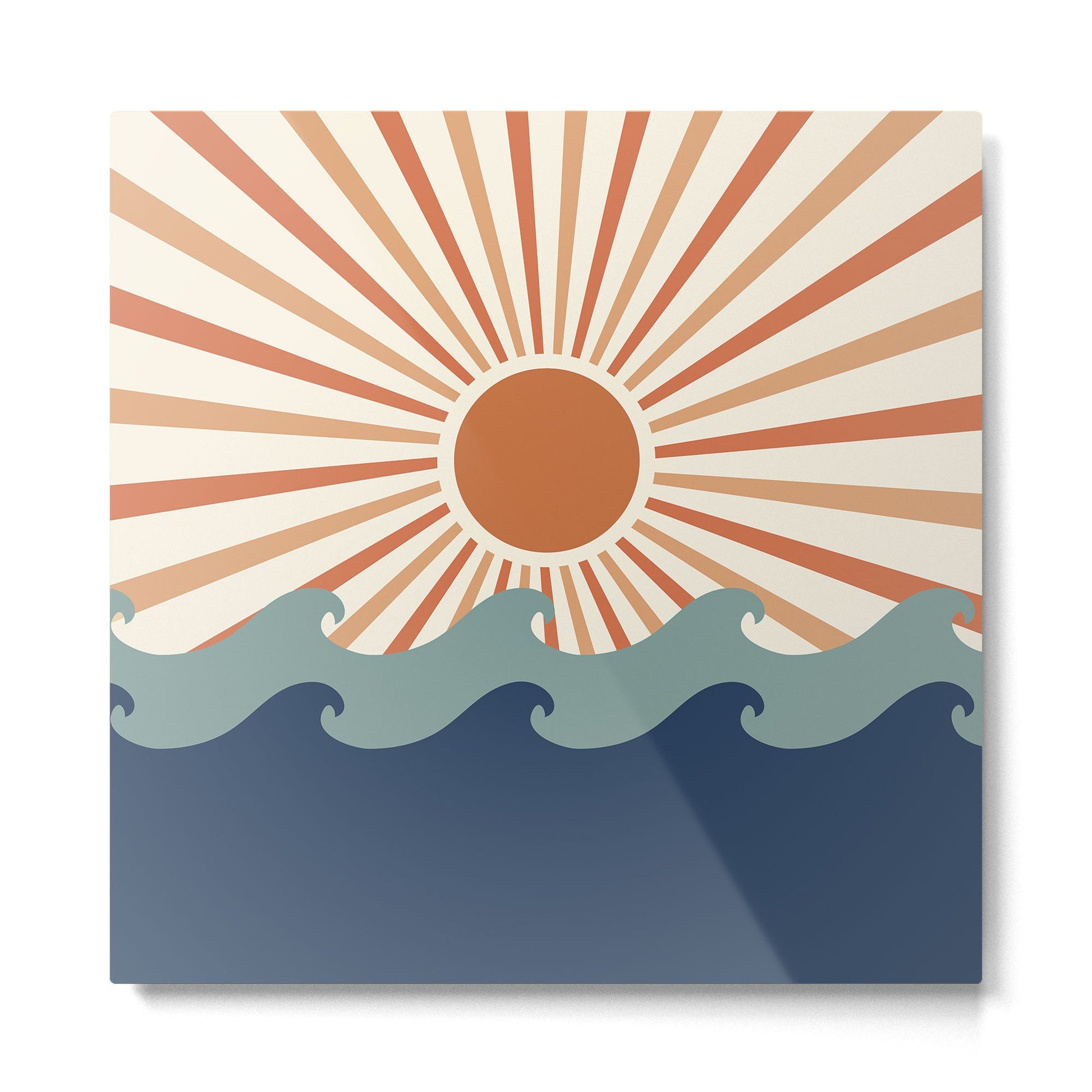 Retro, Sun and Wave Art, Blue and Orange Metal Print