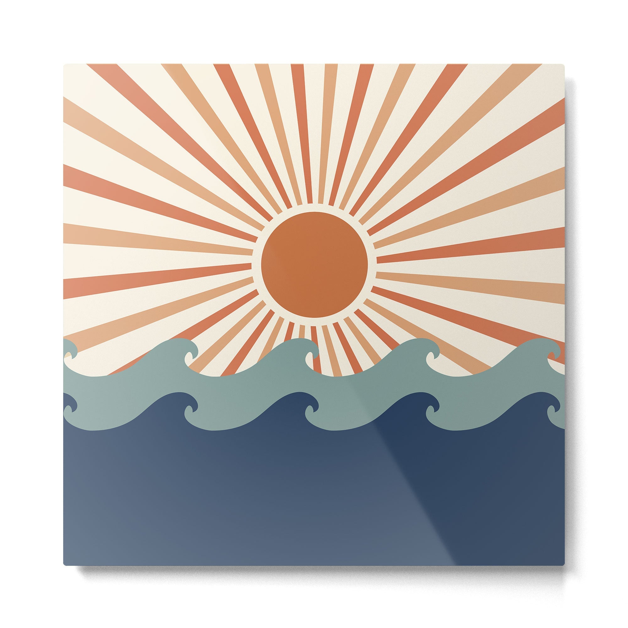 Retro, Sun and Wave Art, Blue and Orange Metal Print