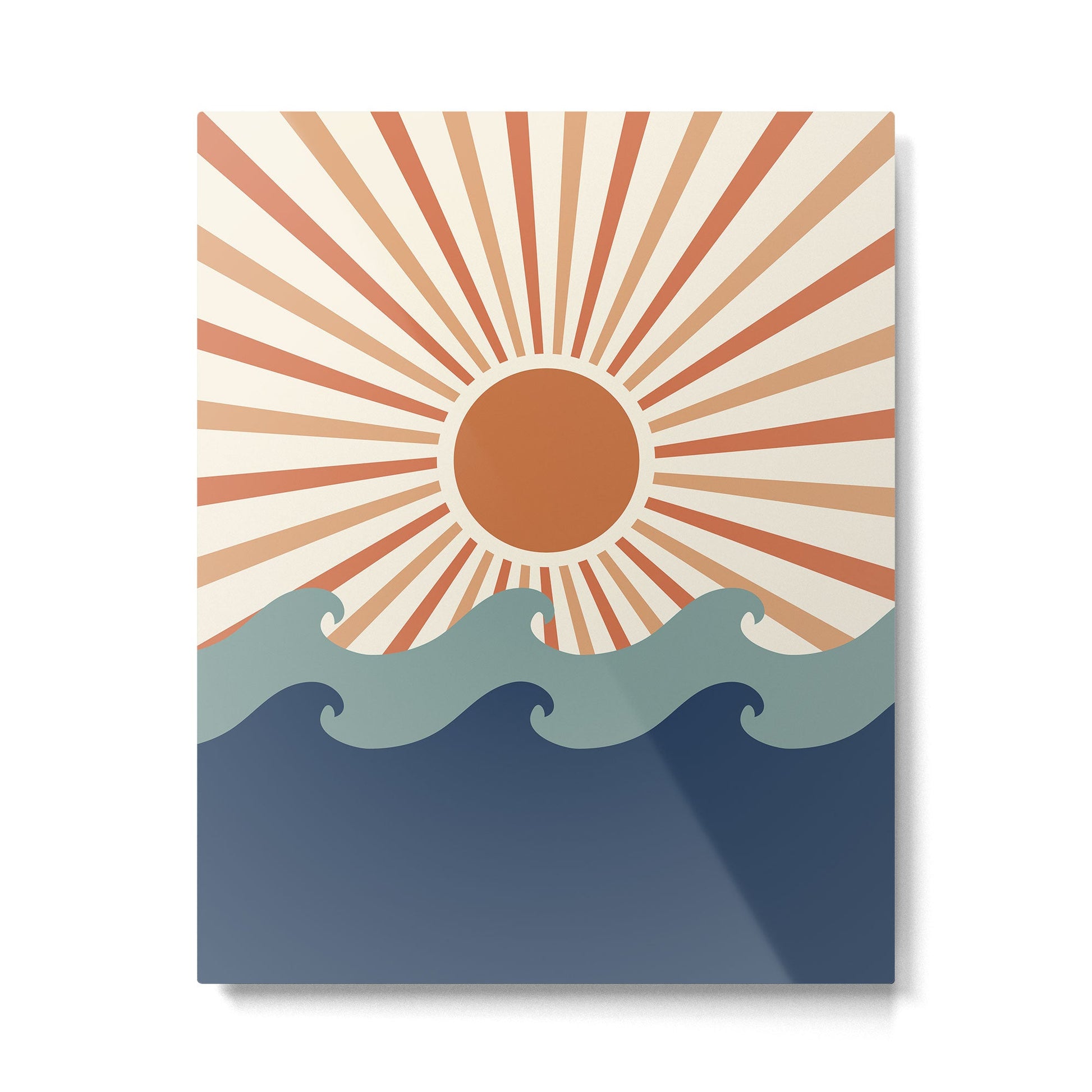 Retro, Sun and Wave Art, Blue and Orange Metal Print