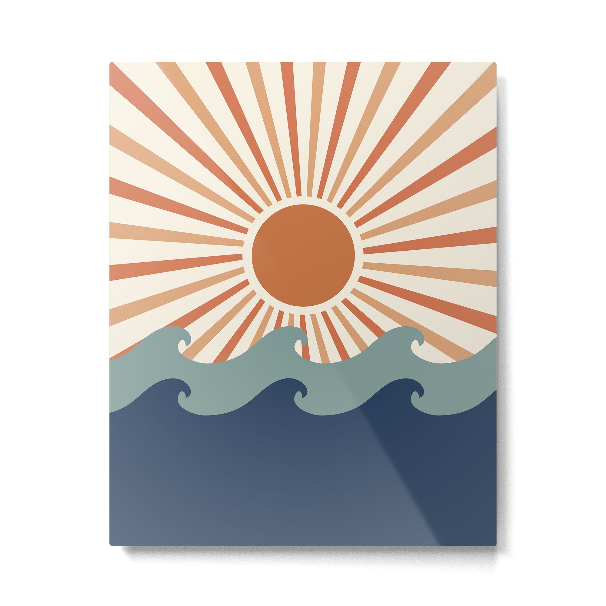 Retro, Sun and Wave Art, Blue and Orange Metal Print